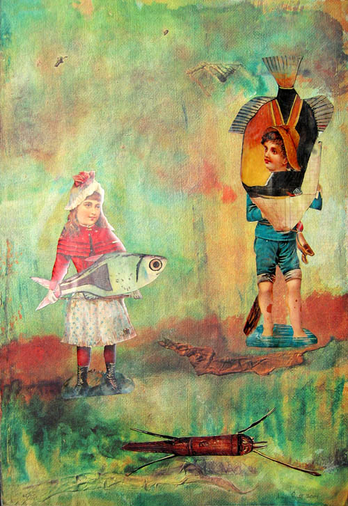 Amy Ernst - Gone Fish'n - 2004 color lithograph with collage